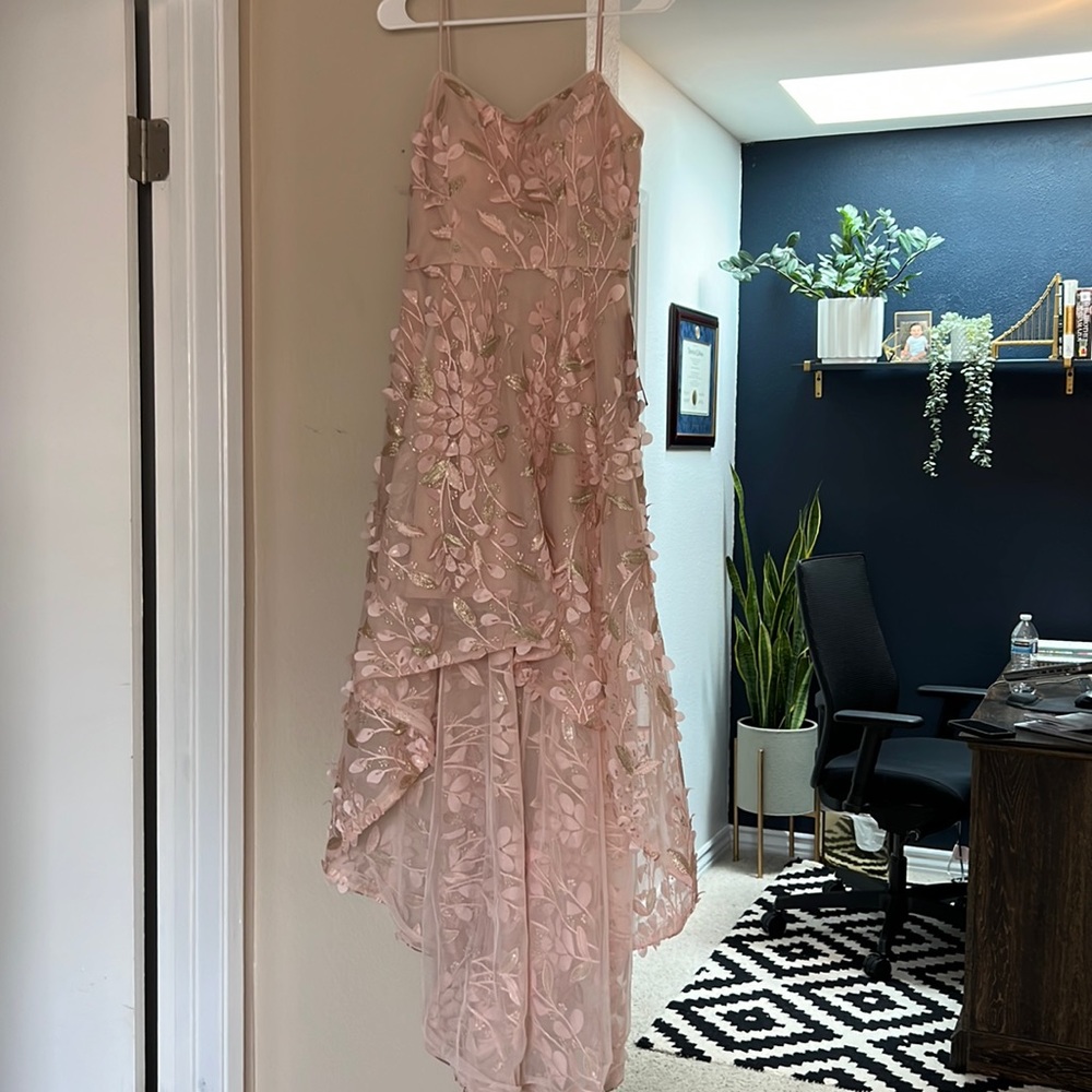 High Low Pink Dress, with floral details.